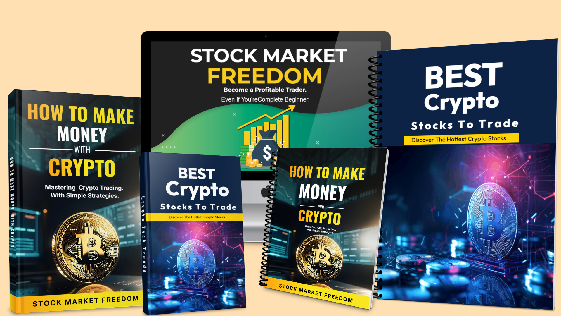 Stock Market Freedom Crypto course bundle showing guides and workbooks on how to make money with cryptocurrency trading and the best crypto stocks to trade for beginners.