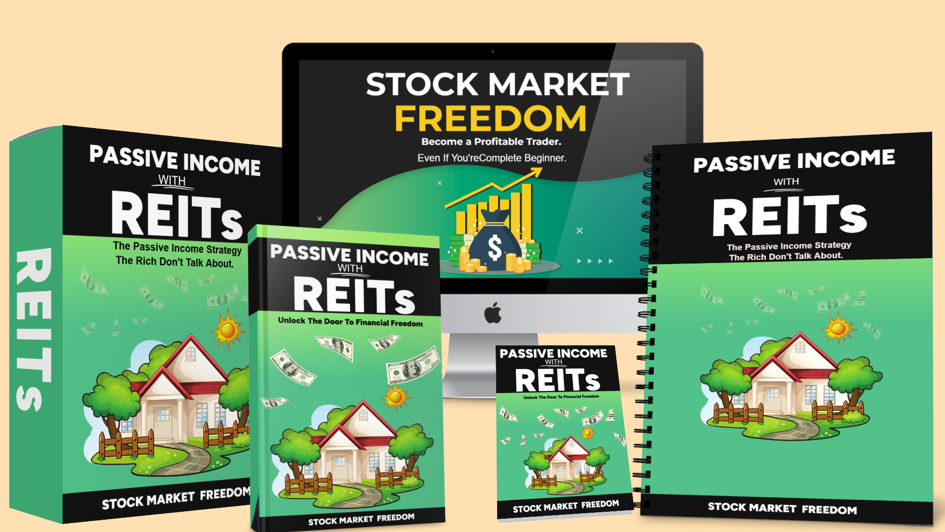 Passive Income With REITs – Stock Market Freedom Stock Market Freedom REITs bundle showing training materials on building passive income through real estate investment trusts for beginners.