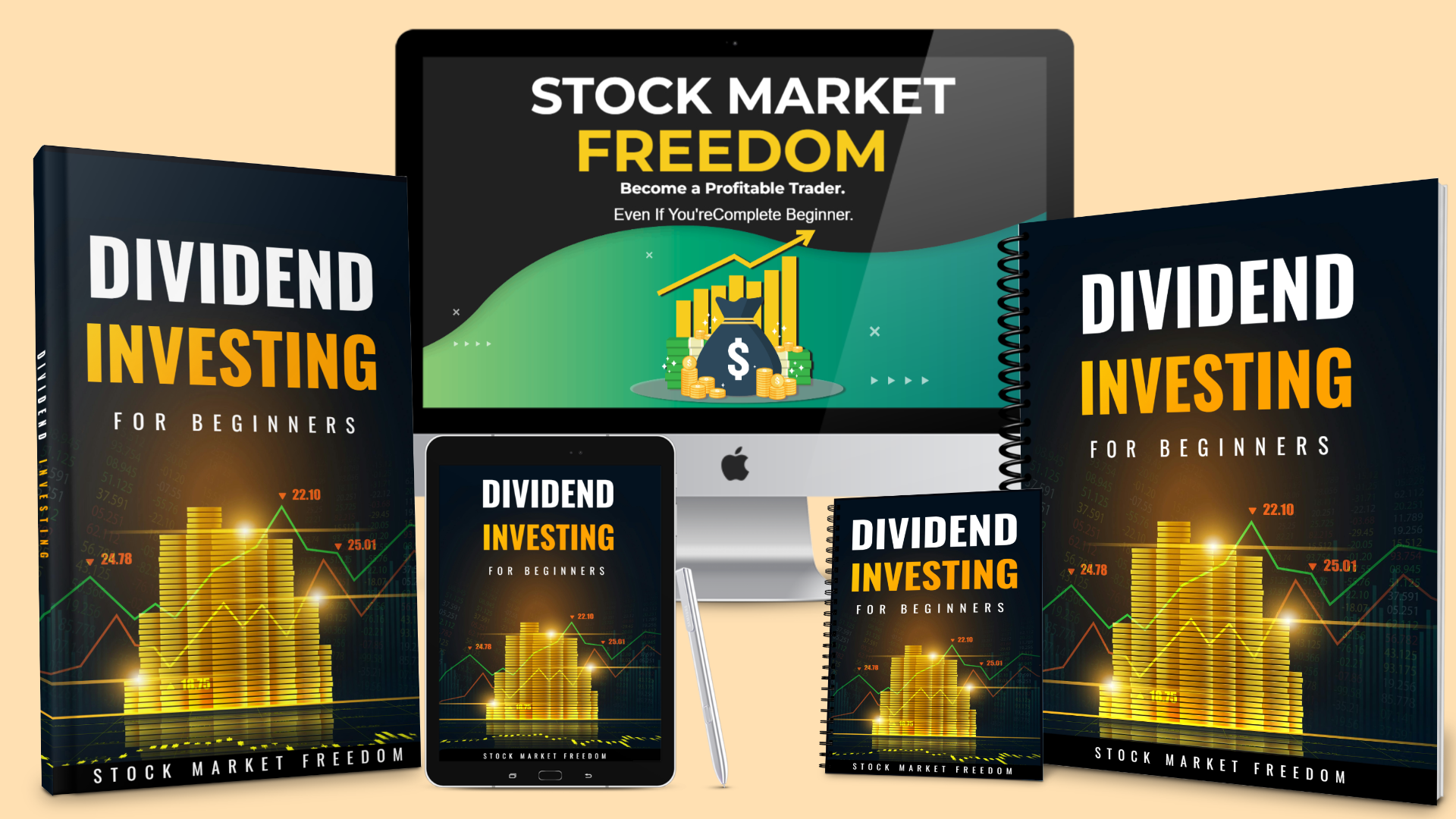 Stock Market Freedom Dividend Investing course bundle showing guides, workbooks, and digital lessons that teach beginners how to build passive income from dividend-paying stocks.