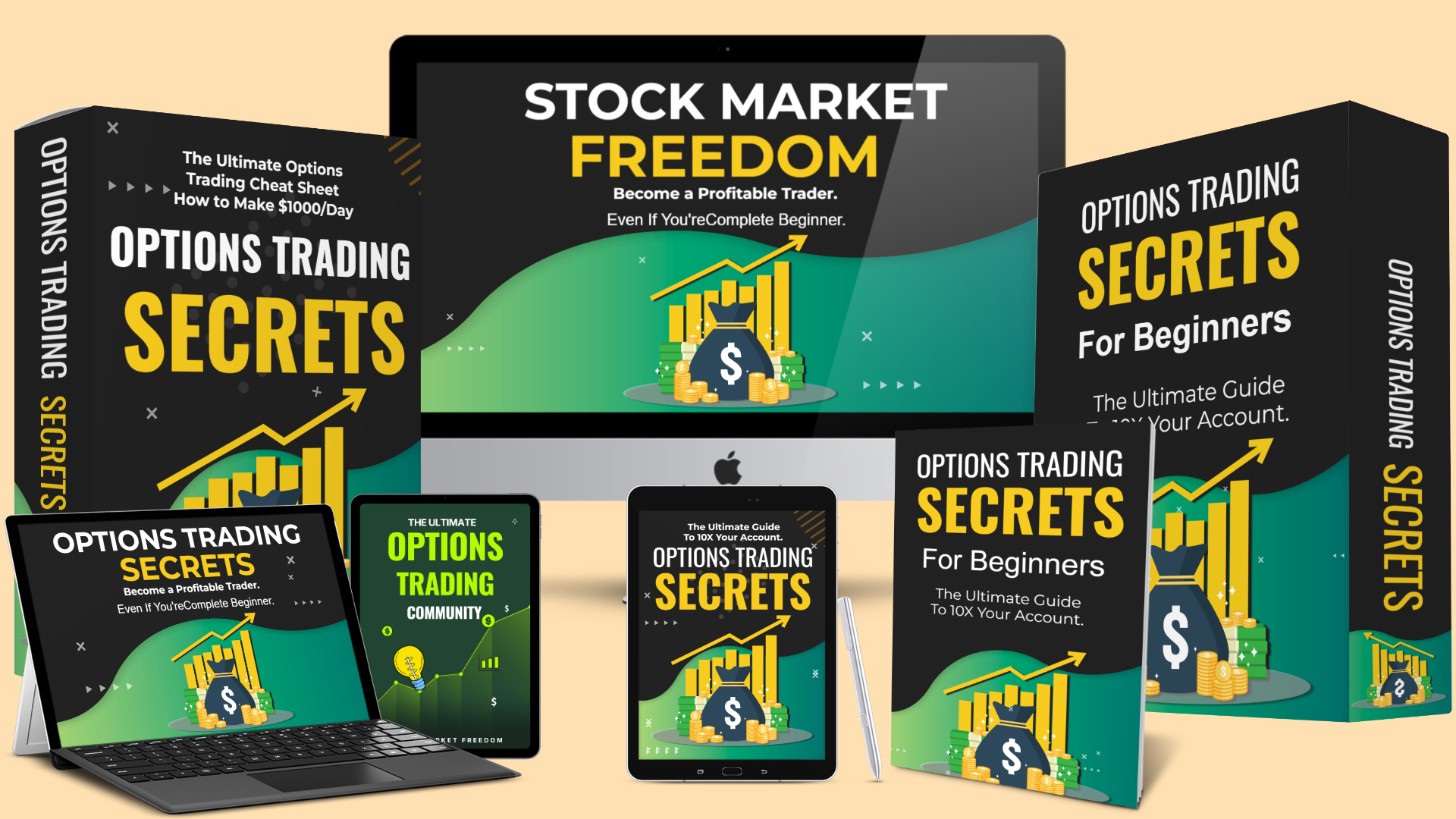 Options Trading Secrets for Beginners – Stock Market Freedom Stock Market Freedom Options Trading Secrets bundle showing digital guides and workbooks that teach beginners how to trade options, generate daily income, and scale their trading accounts.