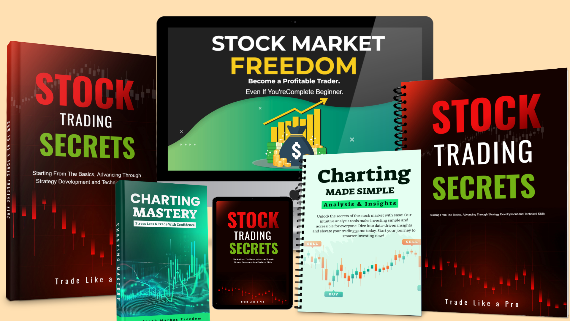Stock Market Freedom Stock Trading Secrets bundle showing guides, charting workbooks, and tutorials on technical analysis, strategy development, and chart reading for traders.