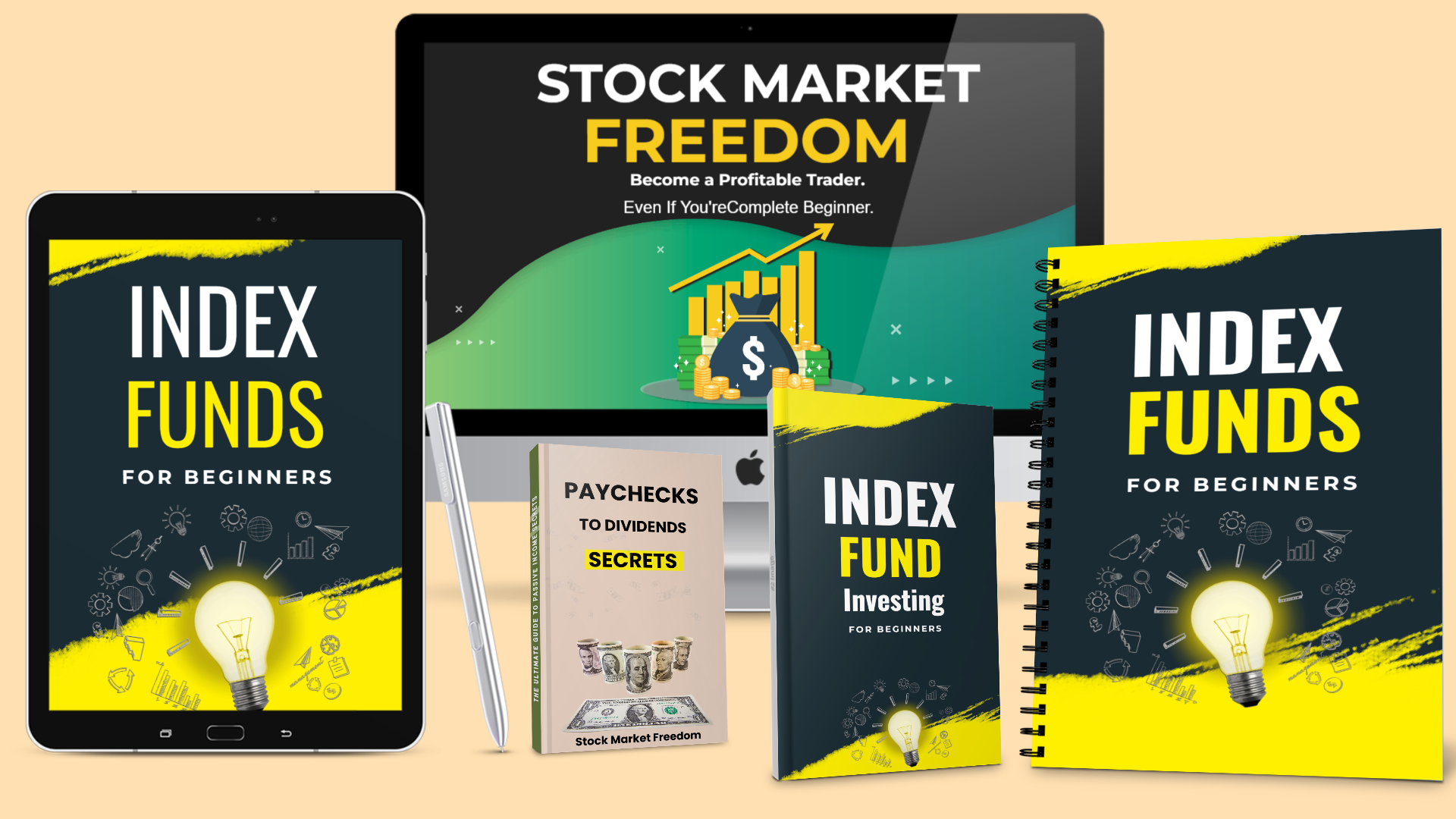 Stock Market Freedom Index Funds course bundle showing books, guides, and digital lessons that teach beginners how to invest in index funds for steady long-term growth and passive income.