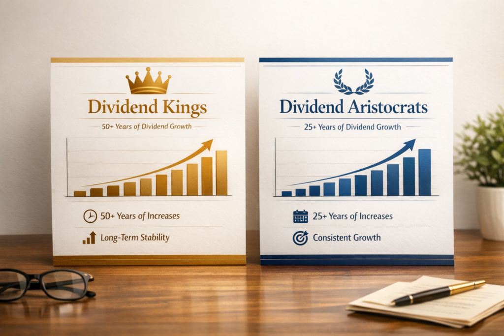 Compare Dividend Kings and Aristocrats: 50+ vs 25+ years of dividend growth, S&P and market-cap rules, sector profiles, and which suits your portfolio.